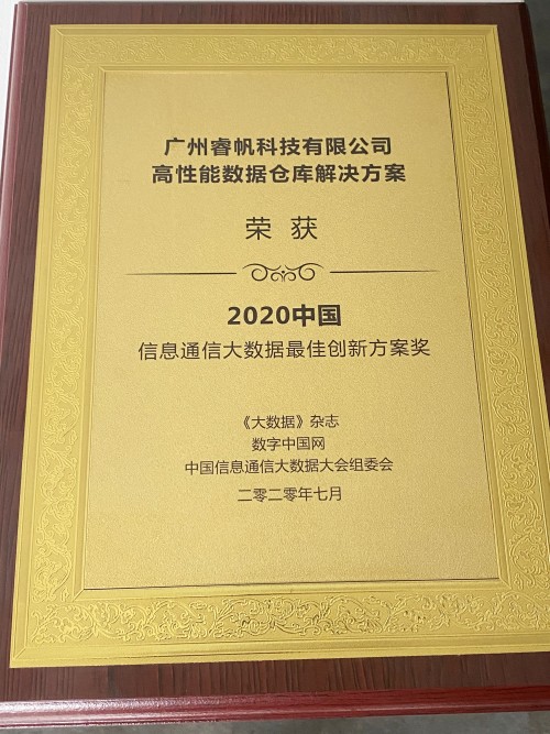 睿帆科技數(shù)倉解決方案，榮獲2020中國信通會大數(shù)據(jù)最佳創(chuàng)新方案獎