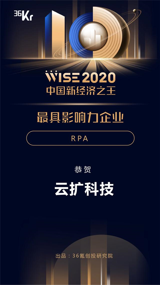 云擴(kuò)科技獲36kr新經(jīng)濟(jì)之王「2020最具影響力企業(yè)，RPA將重構(gòu)未來工作方式