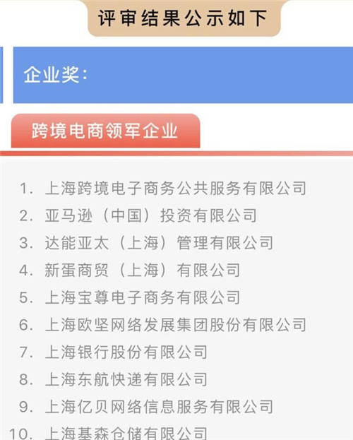 亞馬遜、新蛋、億貝入選上?？缇畴娚?020年度十大領(lǐng)軍企業(yè)榜單