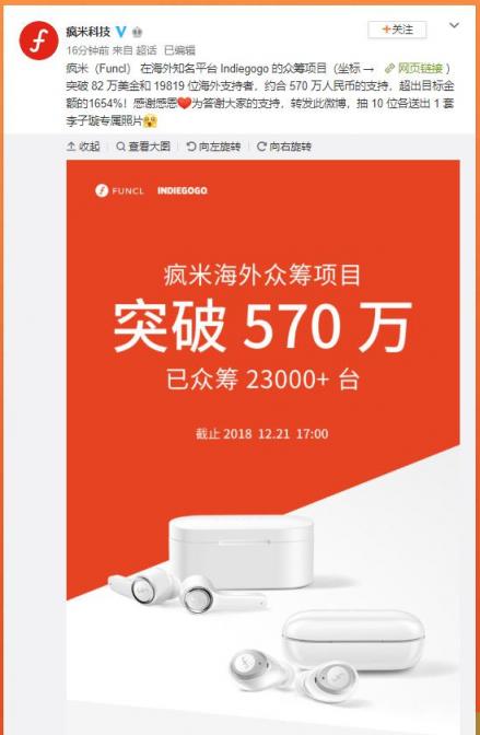 年度爆款真無線耳機！瘋米耳機海外眾籌金額突破570萬！超目標16倍！