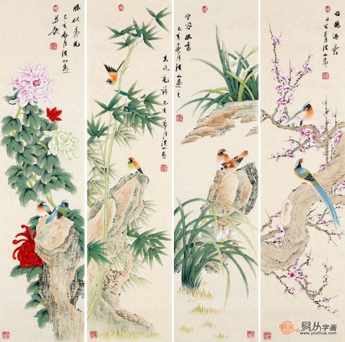 客廳背景墻上的掛畫，名家手繪花鳥國(guó)畫更受歡迎