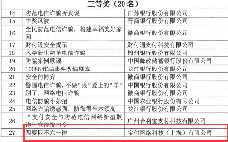 寶付支付榮獲“支付安全和防范電信網(wǎng)絡(luò)新型欺詐宣傳周”文案組三等獎(jiǎng)