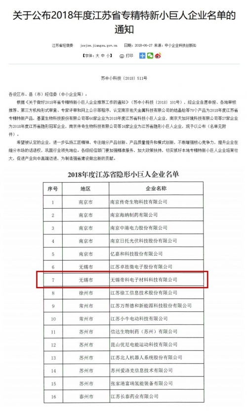 帝科股份獲光伏行業(yè)市場肯定 入選“江蘇省隱形小巨人企業(yè)”