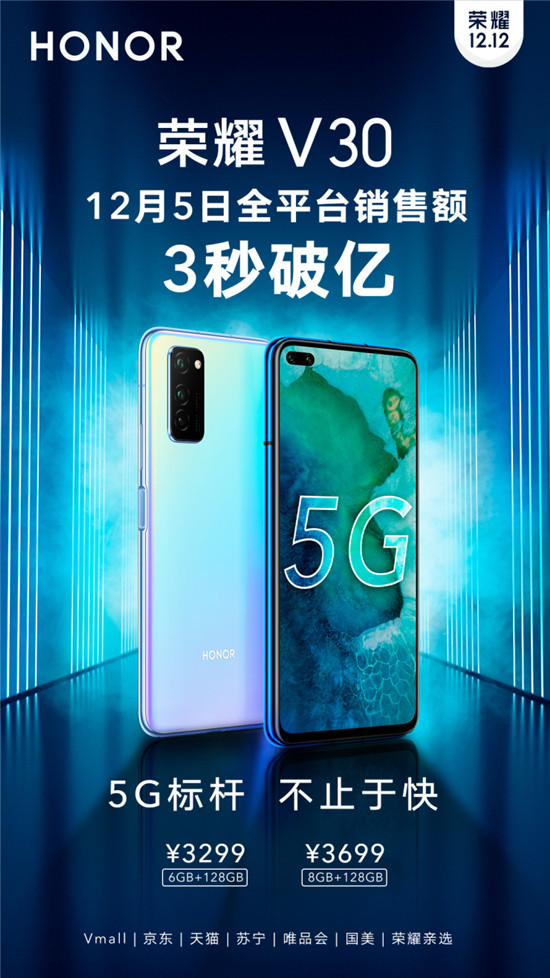 榮耀V30今日首銷：全平臺3秒破億！雙模5G+相機(jī)矩陣遭瘋狂追捧