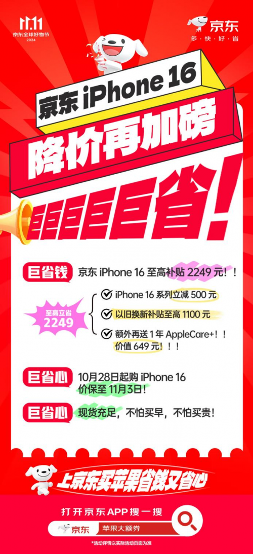 想買iPhone 16又擔(dān)心降價(jià) 京東11.11支持價(jià)保至11月3日