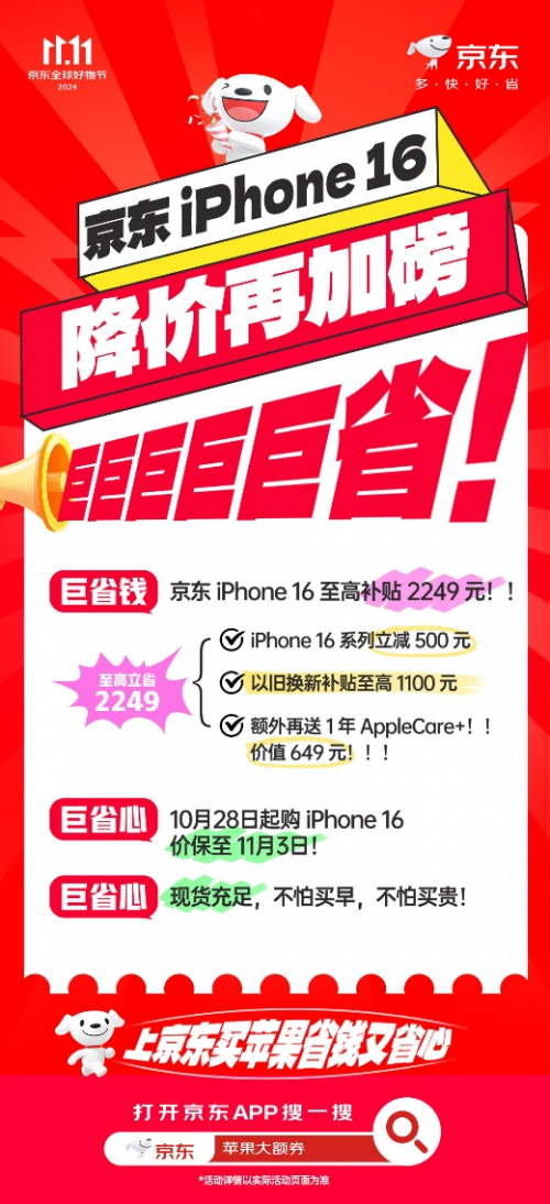 同等優(yōu)惠外多送一年AppleCare+ 雙11買(mǎi)iPhone 16還是京東更劃算